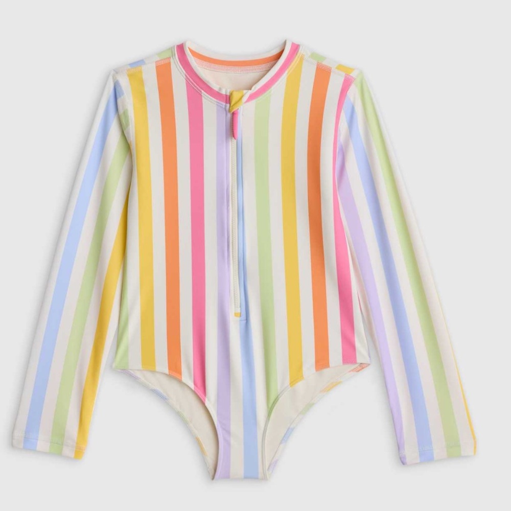 NWT QUINCE Long Sleeve Swimsuit In Rainbow Stripe Kid Size 10 6828